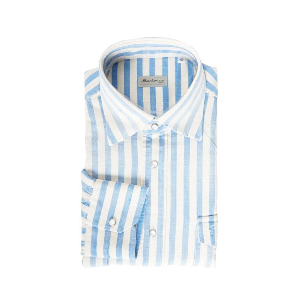 Sartorio Jumbo Pinstripe Denim Snap Button Cotton Overshirt